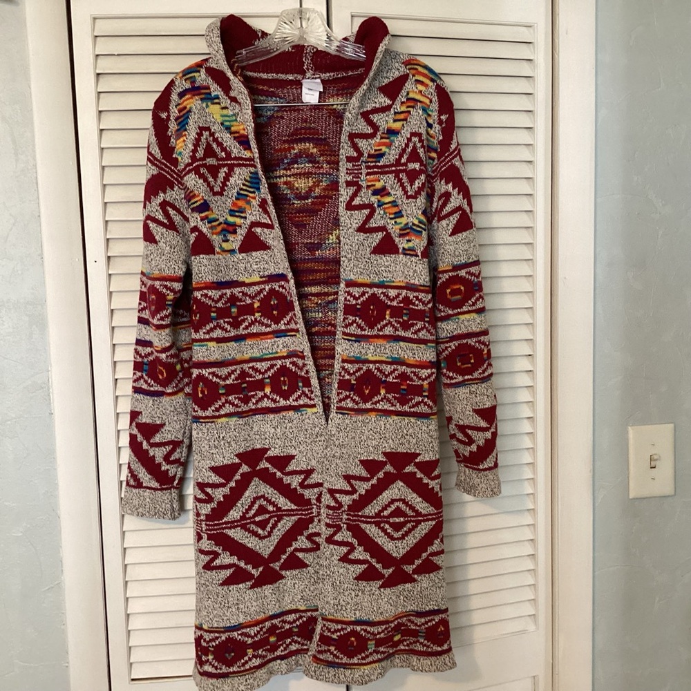 Aztec Southwestern Red and Gray Women's Hooded Cardigan Duster Northern Angel